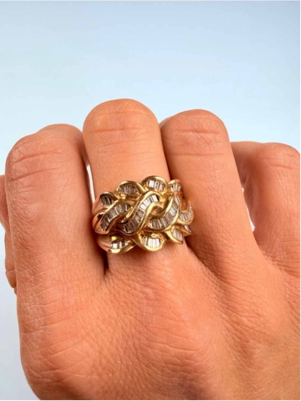14K Solid Yellow Gold Diamond Baguette William Loeb Vintage Braided Domed Ring - Picture 10 of 13